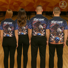 Load image into Gallery viewer, American Flag Flame Eagle Bowling Polo, 1/4 Zip Shirts For Women Custom Patriotic Bowling Team Jersey NQS11748