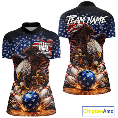 American Flag Flame Eagle Bowling Polo, 1/4 Zip Shirts For Women Custom Patriotic Bowling Team Jersey NQS11748