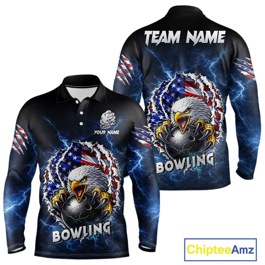 Blue Lightning Thunder US Flag Eagle Bowling Shirts For Men Custom Patriotic Bowling Team Jerseys NQS11749