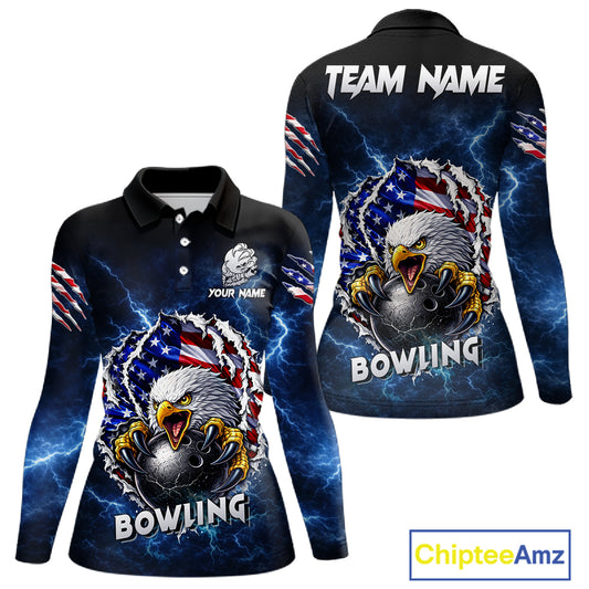 Blue Lightning Thunder US Flag Eagle Bowling Shirts For Women Custom Patriotic Bowling Team Jerseys NQS11749