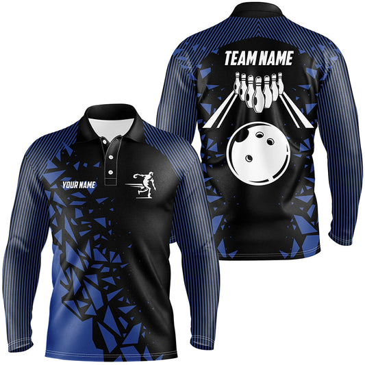 Black And Blue pattern Bowling Polo, 1/4 Quarter Zip Shirts For Men, Custom Name Bowling Team Jerseys NQS7845