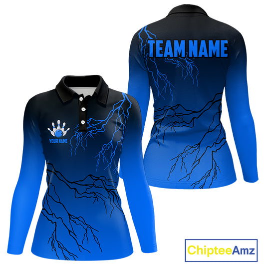 Black and Blue gradient Lightning thunder storm Bowling shirts for Women Custom Bowling Team Jerseys NQS10135
