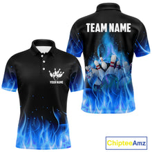 Load image into Gallery viewer, Personalized Mens Bowling Shirt Blue flame Bowling Ball and Pins Team bowling jerseys for men Bowler NQS10471