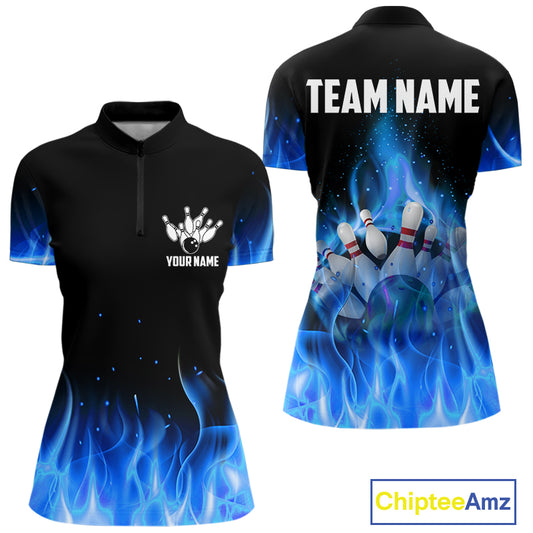 Personalized Women Bowling Shirt Blue flame Bowling Ball Pins Team bowling jerseys for ladies Bowler NQS10471