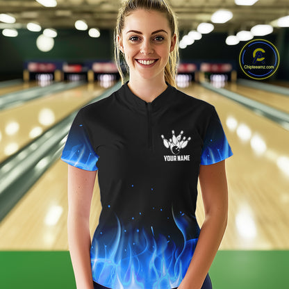 Personalized Women Bowling Shirt Blue flame Bowling Ball Pins Team bowling jerseys for ladies Bowler NQS10471