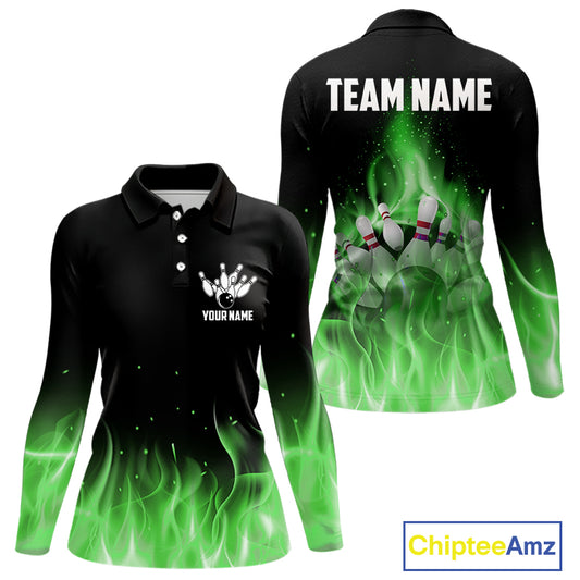 Personalized Women Bowling Shirt Green flame Bowling Ball Pins Team bowling jerseys for ladies Bowler NQS10472