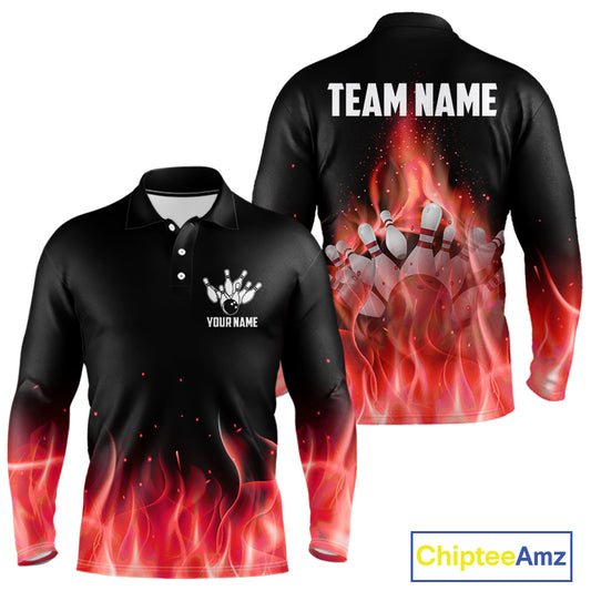 Personalized Mens Bowling Shirt Red flame Bowling Ball and Pins Team bowling jerseys for men Bowler NQS10473