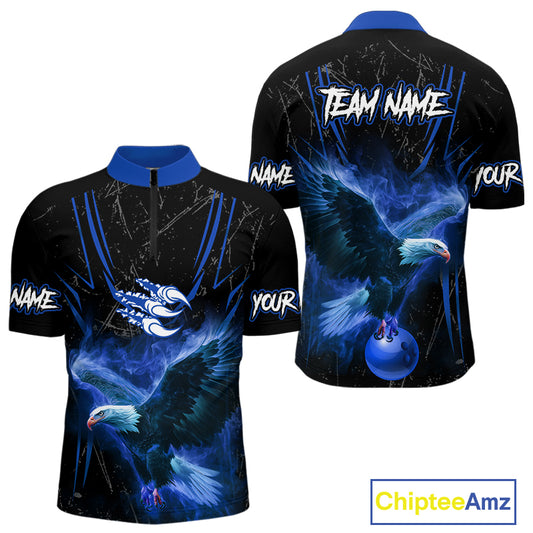 Black and Blue Flame Eagle Bowling Shirt For Men Custom Team Name Bowling Jerseys For Bowlers NQS10673