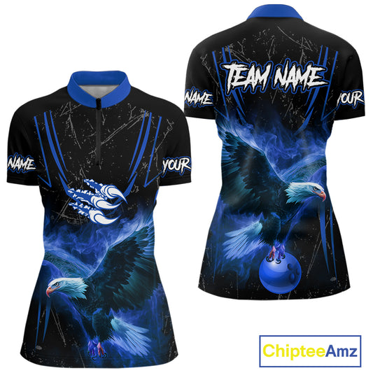 Black and Blue Flame Eagle Bowling Shirt For Women Custom Team Name Bowling Jerseys For Bowlers NQS10673