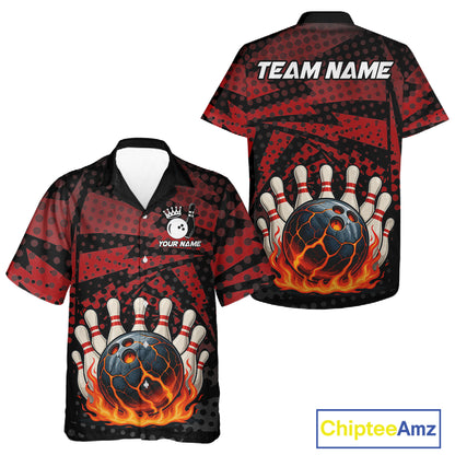 Black and Red pattern Flame Bowling Hawaiian Shirt Custom Team Bowling Button up shirt NQS11277