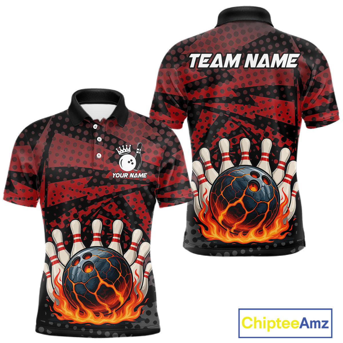 Black and Red pattern Flame Bowling Polo, 1/4 zip shirts For Men Custom Team Bowling Jerseys NQS11277
