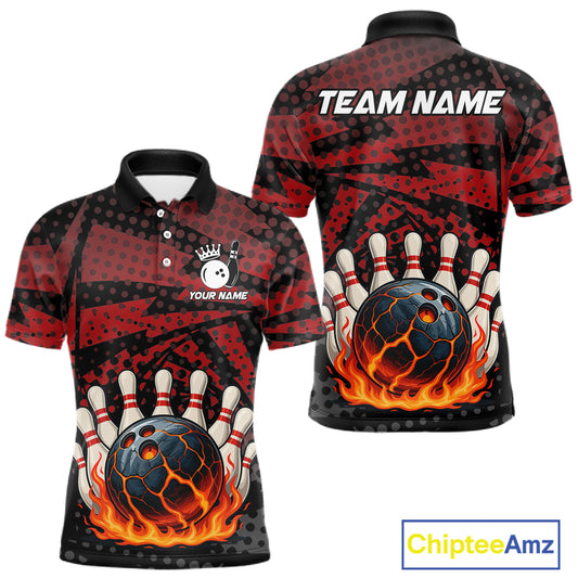 Black and Red pattern Flame Bowling Polo, 1/4 zip shirts For Men Custom Team Bowling Jerseys NQS11277