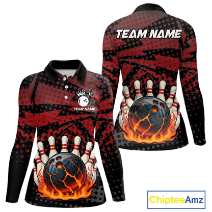 Black and Red pattern Flame Bowling Polo, 1/4 zip shirts For Women Custom Team Bowling Jerseys NQS11277