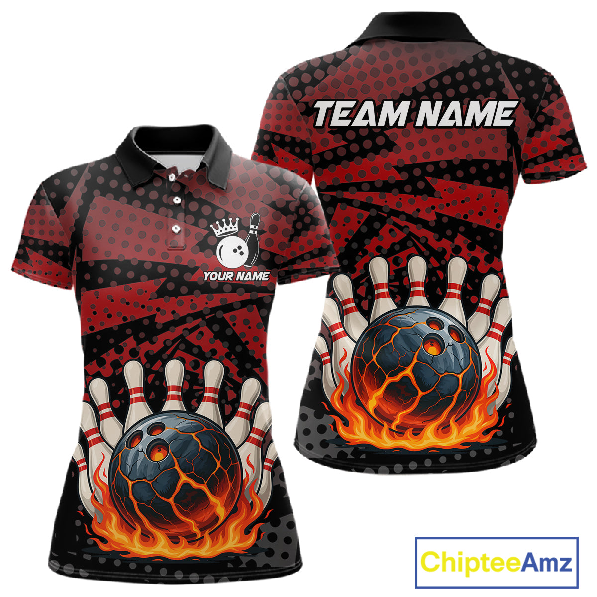 Black and Red pattern Flame Bowling Polo, 1/4 zip shirts For Women Custom Team Bowling Jerseys NQS11277