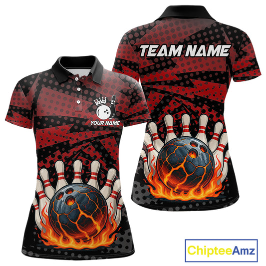 Black and Red pattern Flame Bowling Polo, 1/4 zip shirts For Women Custom Team Bowling Jerseys NQS11277