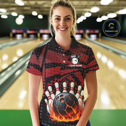 Black and Red pattern Flame Bowling Polo, 1/4 zip shirts For Women Custom Team Bowling Jerseys NQS11277