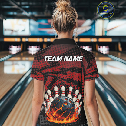 Black and Red pattern Flame Bowling Polo, 1/4 zip shirts For Women Custom Team Bowling Jerseys NQS11277