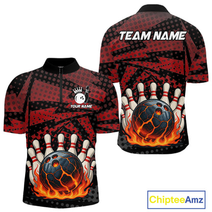 Black and Red pattern Flame Bowling Polo, 1/4 zip shirts For Men Custom Team Bowling Jerseys NQS11277