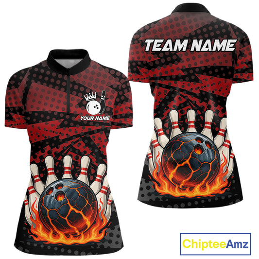 Black and Red pattern Flame Bowling Polo, 1/4 zip shirts For Women Custom Team Bowling Jerseys NQS11277