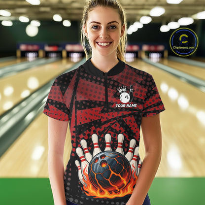 Black and Red pattern Flame Bowling Polo, 1/4 zip shirts For Women Custom Team Bowling Jerseys NQS11277
