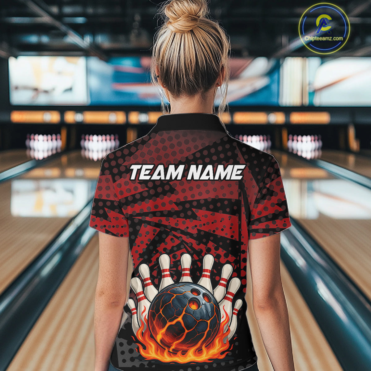 Black and Red pattern Flame Bowling Polo, 1/4 zip shirts For Women Custom Team Bowling Jerseys NQS11277