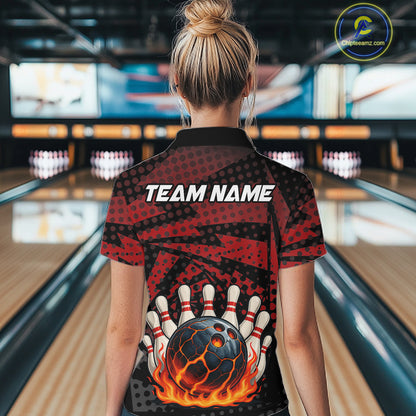 Black and Red pattern Flame Bowling Polo, 1/4 zip shirts For Women Custom Team Bowling Jerseys NQS11277