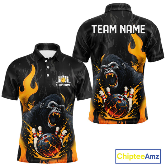 Black and Orange Flame Gorilla Bowling shirts For Men Custom Gorilla Team Bowling Jerseys NQS11279