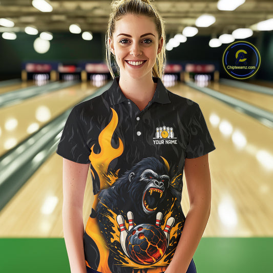 Black and Orange Flame Gorilla Bowling shirts For Women Custom Gorilla Team Bowling Jerseys NQS11279
