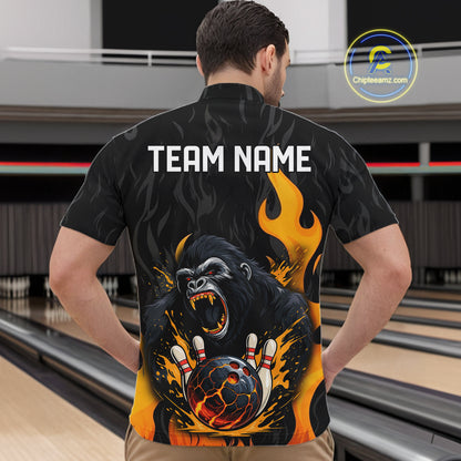 Black and Orange Flame Gorilla Bowling shirts For Men Custom Gorilla Team Bowling Jerseys NQS11279