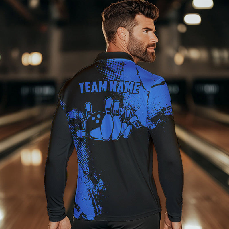 Black and Blue Retro Mens Bowling Polo, Quarter Zip shirts Custom team bowling jerseys mens outfit NQS9393