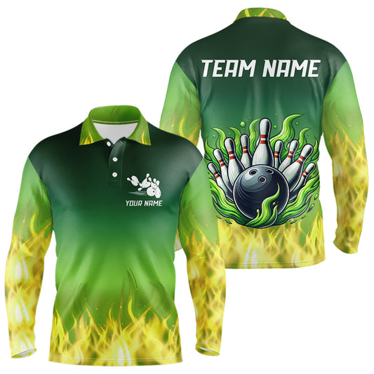 Personalized Yellow Green Flame Bowling Polo, Quarter Zip Shirts For Men Custom Team Bowling Jersey NQS9559