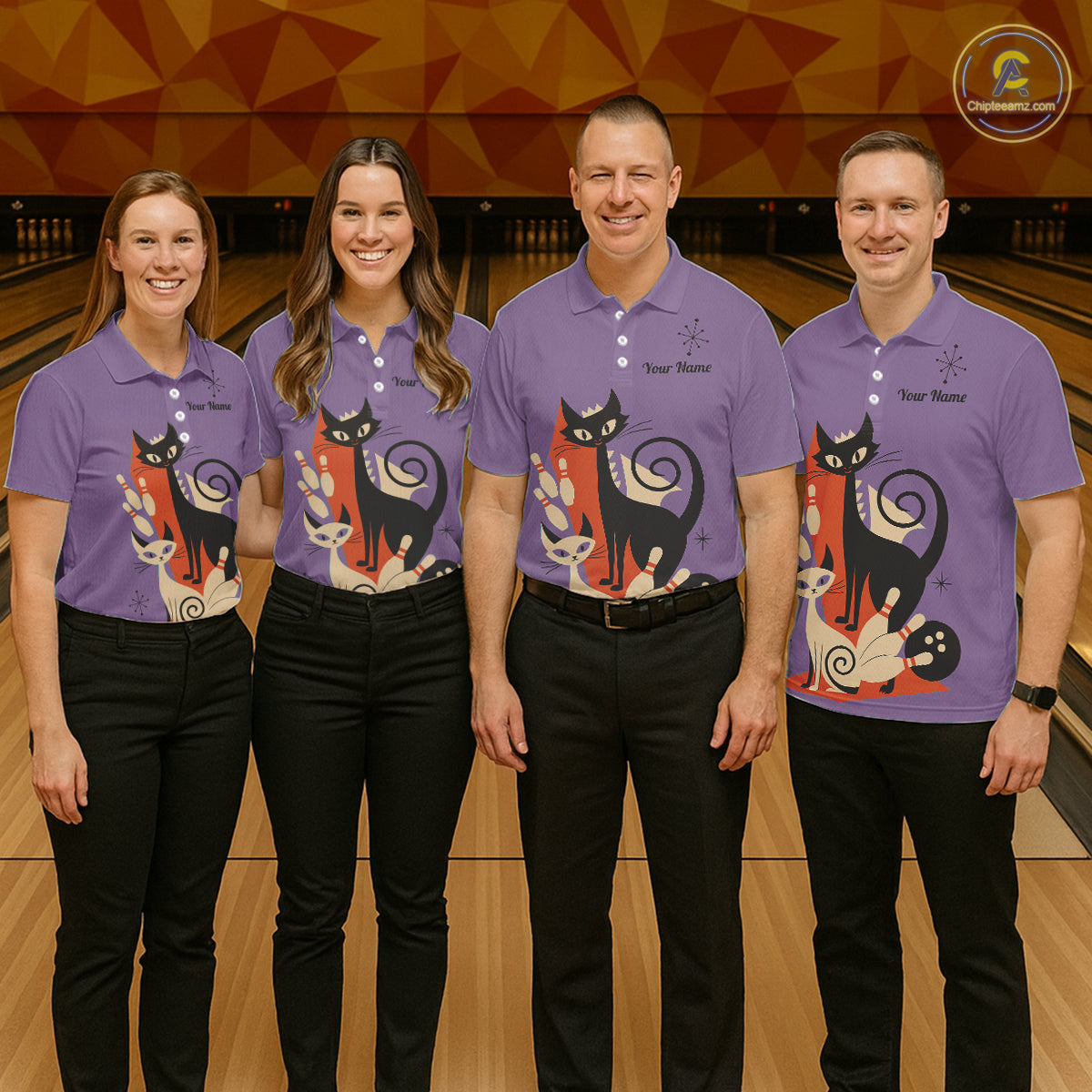 Custom retro bowling shirts Cat Bowling jersey for men Team Bowling Polo, 1/4 Zip Shirts | Purple NQS11668