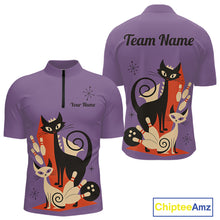 Load image into Gallery viewer, Custom retro bowling shirts Cat Bowling jersey for men Team Bowling Polo, 1/4 Zip Shirts | Purple NQS11668