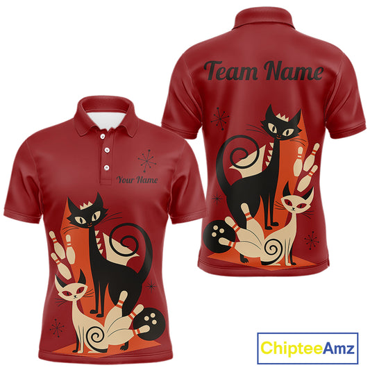 Custom retro bowling shirts Cat Bowling jersey for men Team Bowling Polo, 1/4 Zip Shirts | Red NQS11669