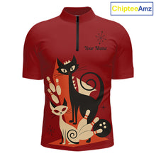 Load image into Gallery viewer, Custom retro bowling shirts Cat Bowling jersey for men Team Bowling Polo, 1/4 Zip Shirts | Red NQS11669
