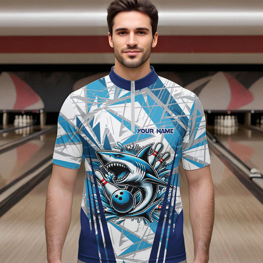 Personalized Blue Camo Shark Bowling Team Shirts For Men Custom Shark Bowling Polo, Quarter Zip Shirt NQS9719