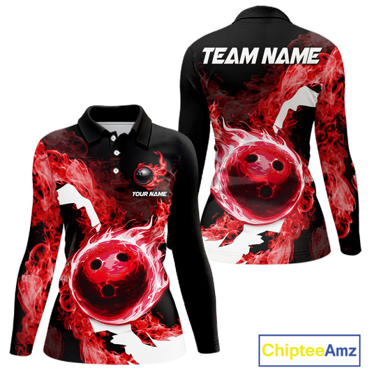 Red Flame Fire Bowling Shirts for Women Custom Bowling Team Jersey Bowling Polo & Quarter-Zip Shirts NQS11751