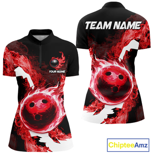 Red Flame Fire Bowling Shirts for Women Custom Bowling Team Jersey Bowling Polo & Quarter-Zip Shirts NQS11751
