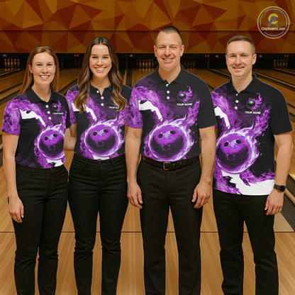 Purple Flame Fire Bowling Shirts for Men Custom Bowling Team Jersey Bowling Polo & Quarter-Zip Shirts NQS11753