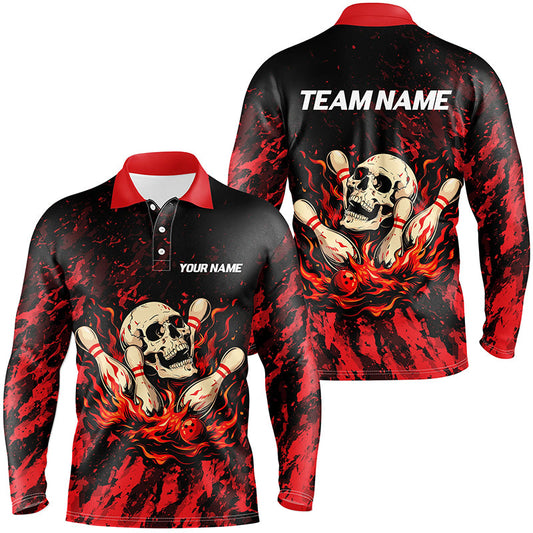 Red Camo Skull Flame Bowling Polo, 1/4 Quarter Zip Shirts For Men, Custom Name Bowling Team Jerseys NQS7851