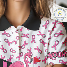 Load image into Gallery viewer, Pink ribbon pattern flamingo Women golf polo shirts Custom breast cancer awareness ladies golf outfit NQS10149