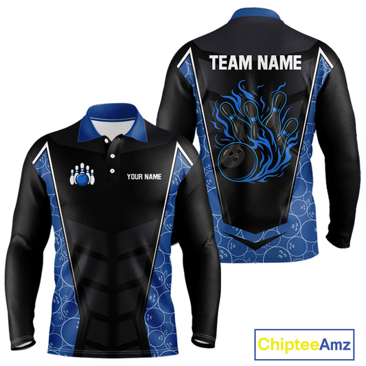 Black and Blue Camo Flame Mens Bowling Polo, quarter zip shirts Custom team bowling league jersey NQS10150