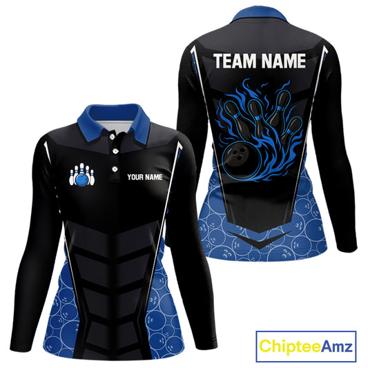 Black and Blue Camo Flame Women Bowling Polo, quarter zip shirts Custom team bowling league jersey NQS10150