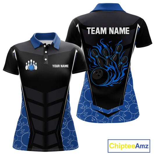 Black and Blue Camo Flame Women Bowling Polo, quarter zip shirts Custom team bowling league jersey NQS10150
