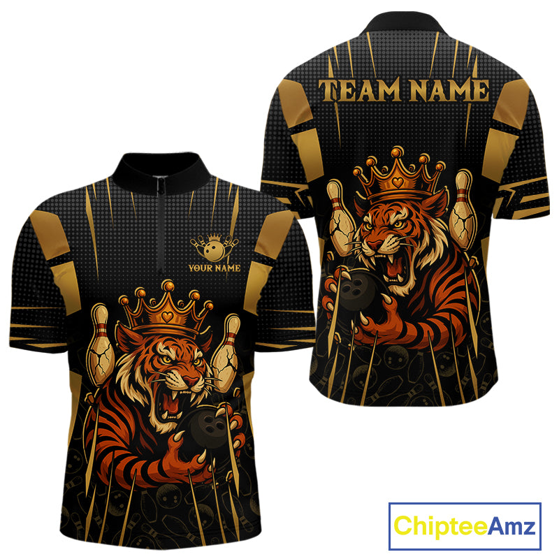 Personalized Black and Gold Tiger Bowling Shirt For Mens Custom Team bowling jerseys, gift for Bowler NQS10474