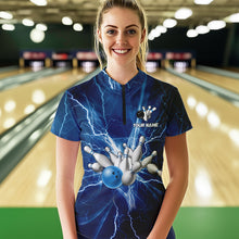 Load image into Gallery viewer, Womens bowling Quarter Zip shirts Custom blue lightning thunder Bowling Team Jersey, gift for Bowlers NQS6638