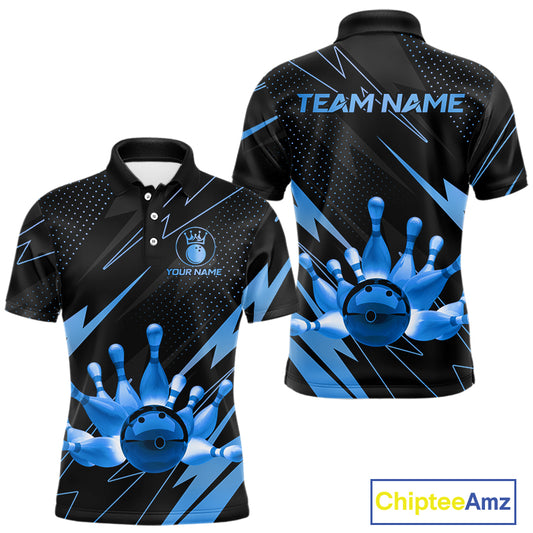 Custom Black and Blue Bowling Polo, Quarter Zip Shirts for Men, Team Bowling League Jersey NQS10892