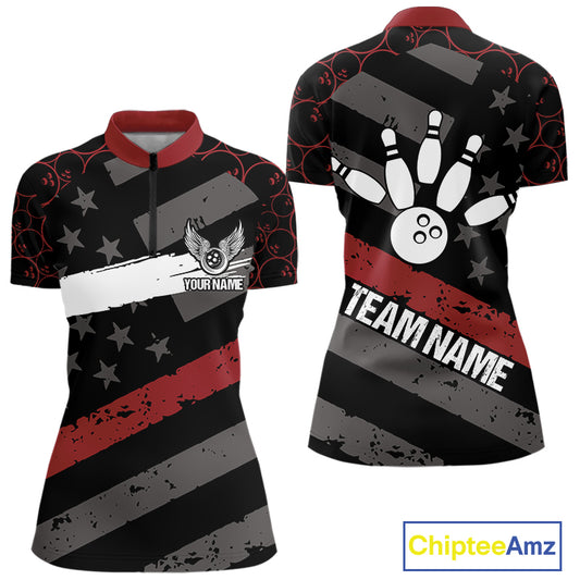 Black American flag Women bowling shirts Custom bowling camo Team Jerseys, gift for Bowlers | Red NQS10895