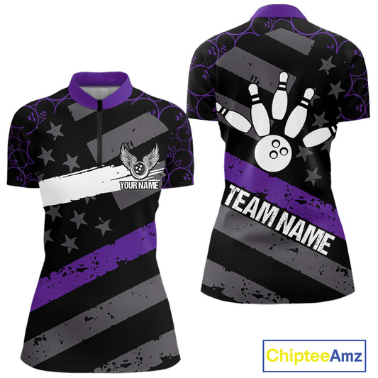 Black American flag Women bowling shirts Custom bowling camo Team Jerseys, gift for Bowlers | Purple NQS10897