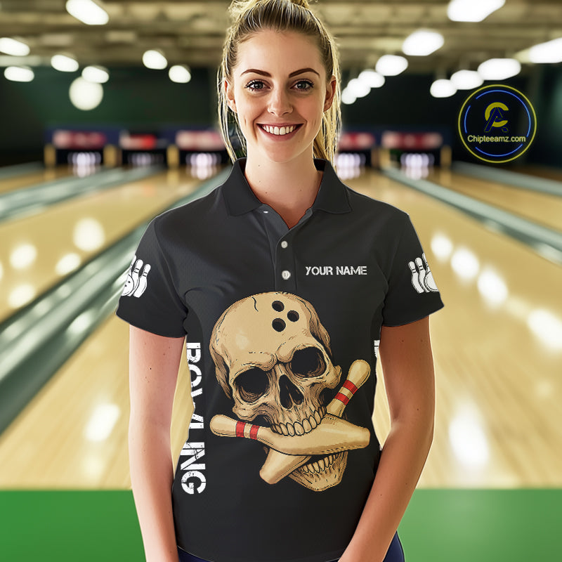 Personalized Skull Bowling Shirts For Women Custom Team's Name Skull Bowler Jerseys | Black NQS11081
